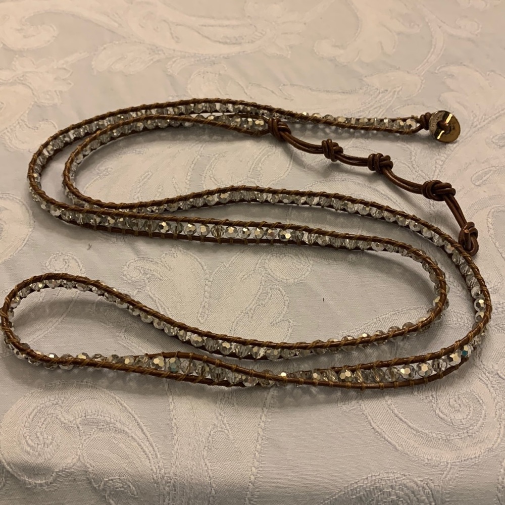 Chan Luu Clear Crystal Beaded Brown Leather Bracelet